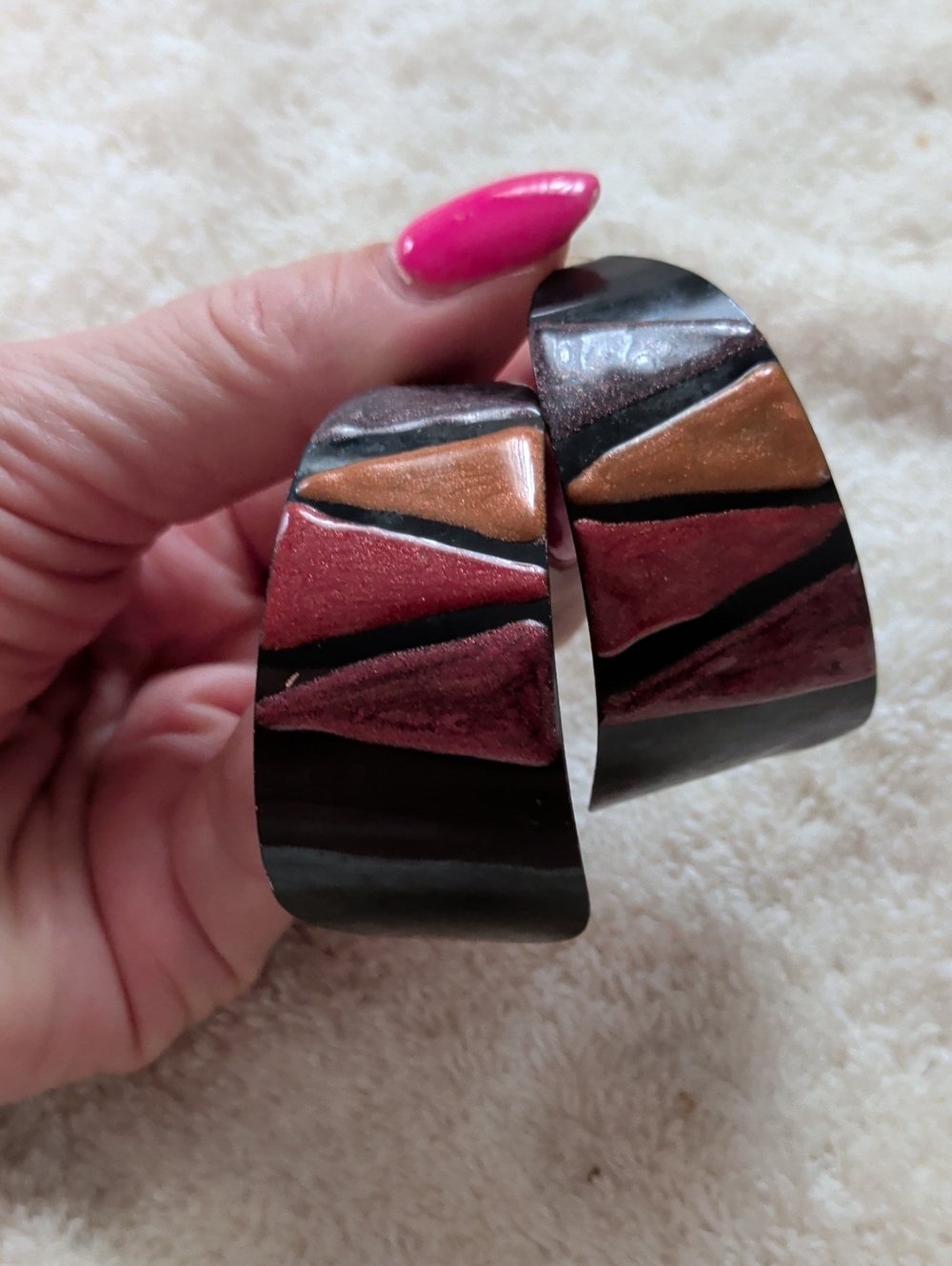 Chunky Black with Ree Metallic Earrings Woy Copper Inlays